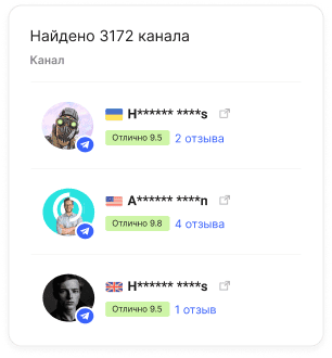 Каналы Telegram с рейтингами, количеством отзывов и показателями эффективности списком в каталоге Collaborator.